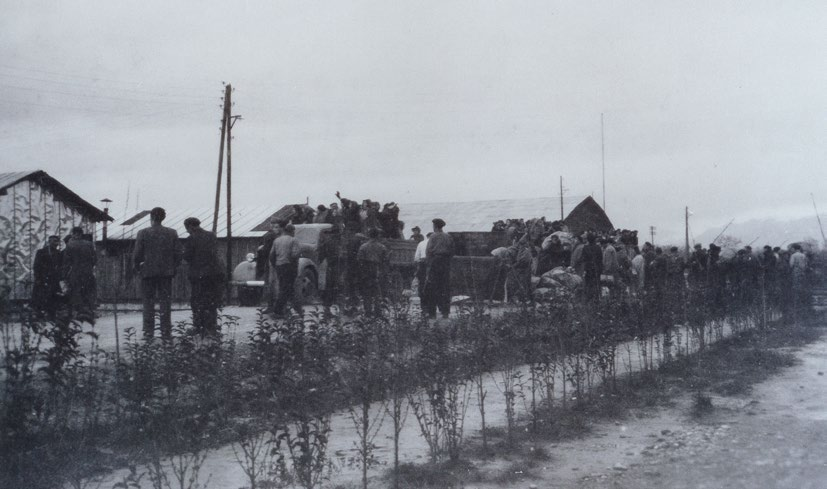 Viele Menschen kommen in einem Internierungslager an. Das Bild ist schwarzweiß. 